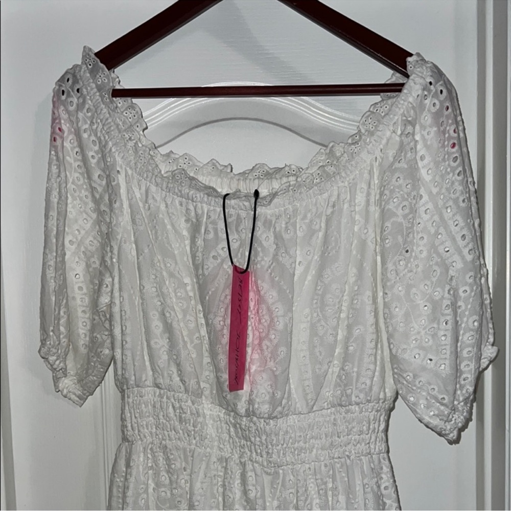 BETSY JOHNSON WHITE EYELET OFF SHOULDER DRESS